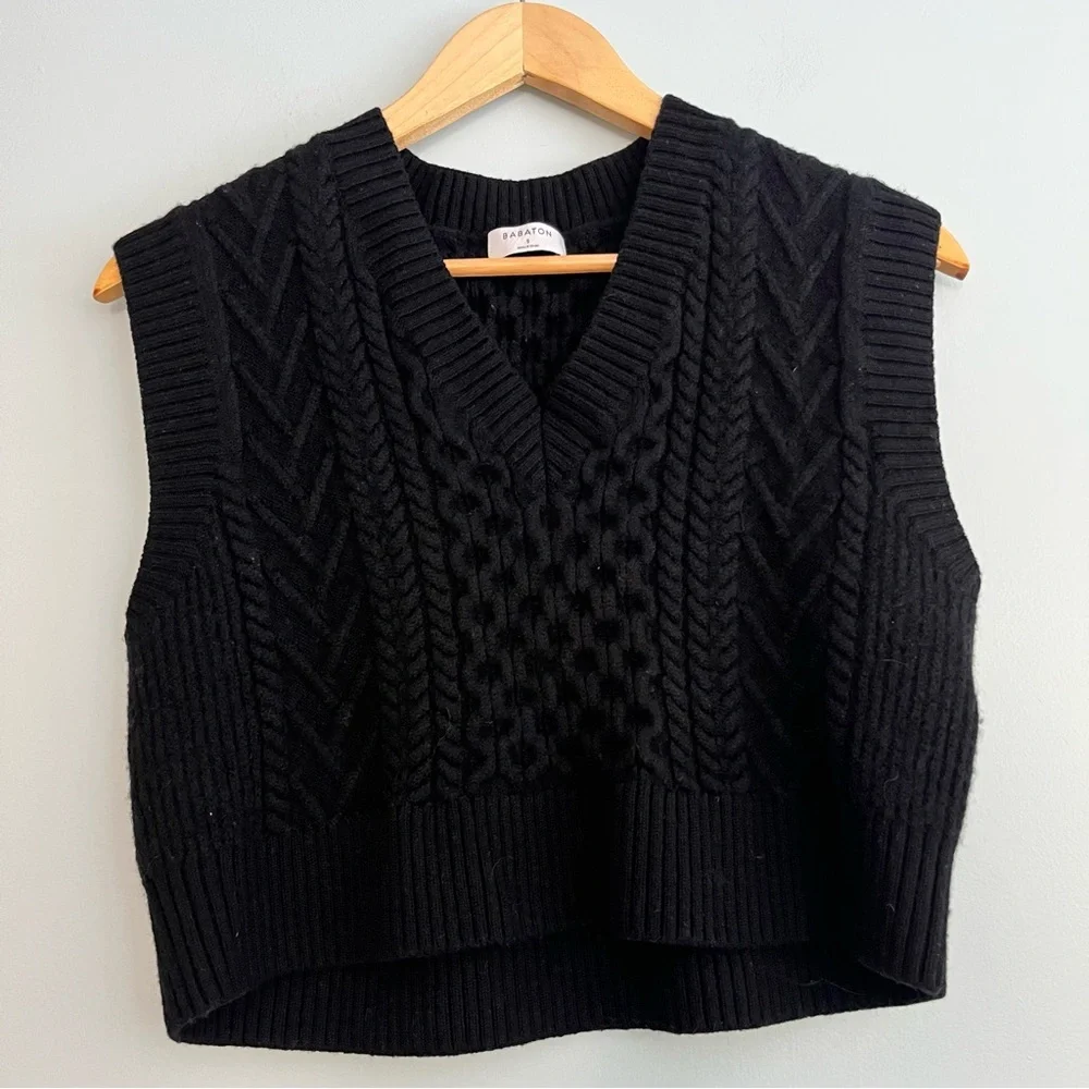 Aritzia Babaton Emporia Merino Wool V-Neck Sweater Vest Black Small Cable Knit - Picture 4 of 11